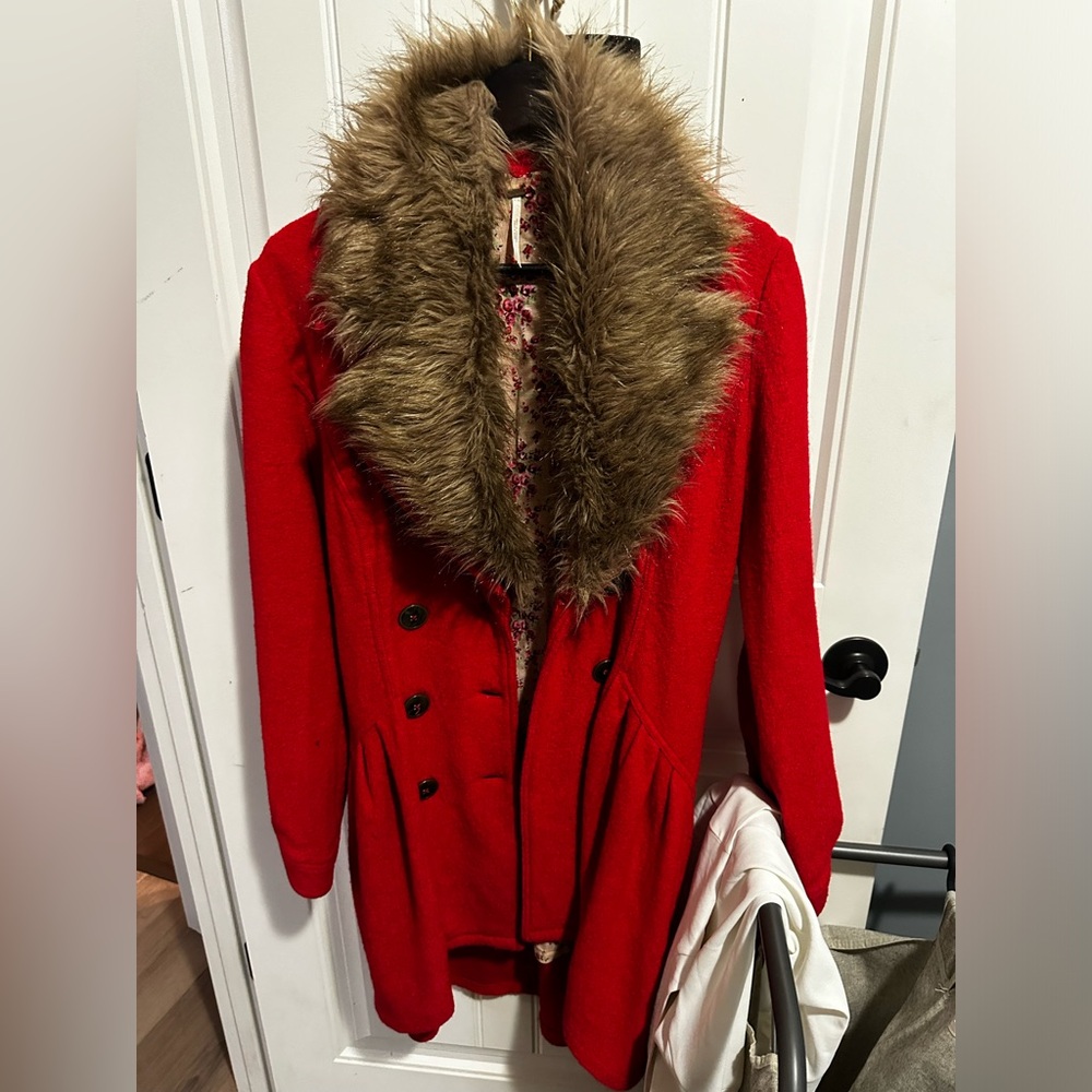 Beautiful Red faux fur trimmed coat